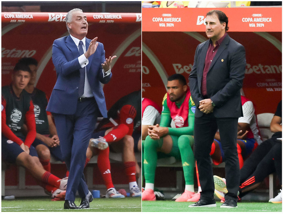 Combo de dos fotografías donde se ven los entrenadores argentinos Gustavo Alfaro y Néstor Lorenzo. Alfaro y Lorenzo, de Costa Rica y Colombia, se conocen bien. Con estilos diferentes, cada uno intentará acertar en la estrategia y priorizar el talento de sus jugadores para ganar el viernes el segundo partido del Grupo D de la Copa América. EPA-EFE/ LESLIE PLAZA JOHNSON/CAROLINE BREHMAN