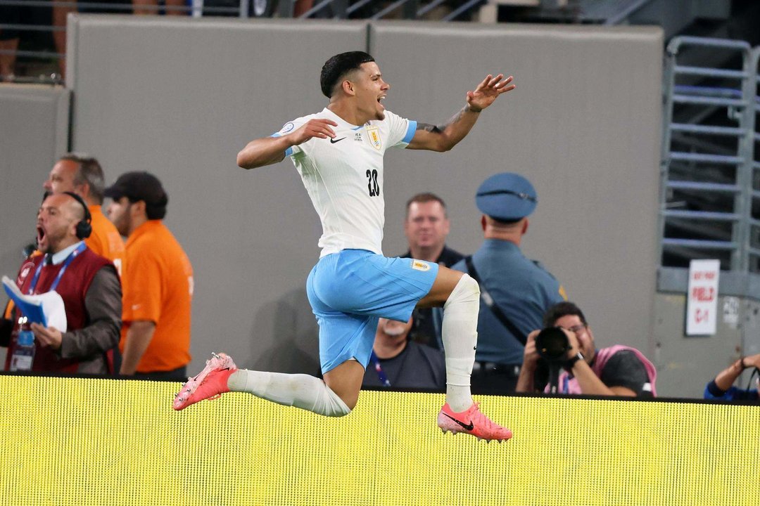 El delantero uruguayo Maximiliano Araujo fue registrado el pasado 27 de junio al celebrar un gol que le anotó a Bolivia, durante un partido del grupo C de la Copa América 2024, en el estadio MetLife de East Rutherford (Nueva Jersey, EE.UU.). EFE/Justin Lane