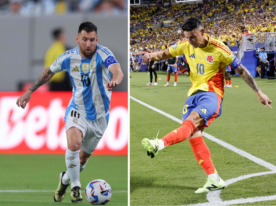 Lionel Messi y James Rodríguez, capitanes y estrellas de las selecciones argentina y colombiana que el domingo jugarán la final de la Copa América en el estadio Hard Rock de Miami. EFE/EPA/ERIK S. LESSER