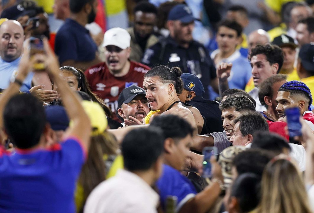 Fotografía del pasado 10 de julio que muestra al futbolista uruguayo Darwin Núñez (c) peleando en las gradas con algunos aficionados colombianos después de la derrota de su equipo en la semifinal en Charlotte. EFE/EPA/BRIAN WESTERHOLT